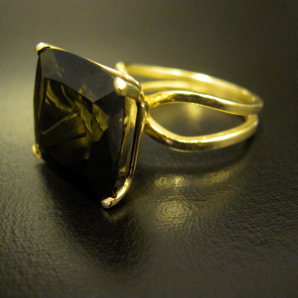 Gold Tourmaline Ring. 14k Solid Yellow Gold Ring With Big Green Dark Tourmaline
